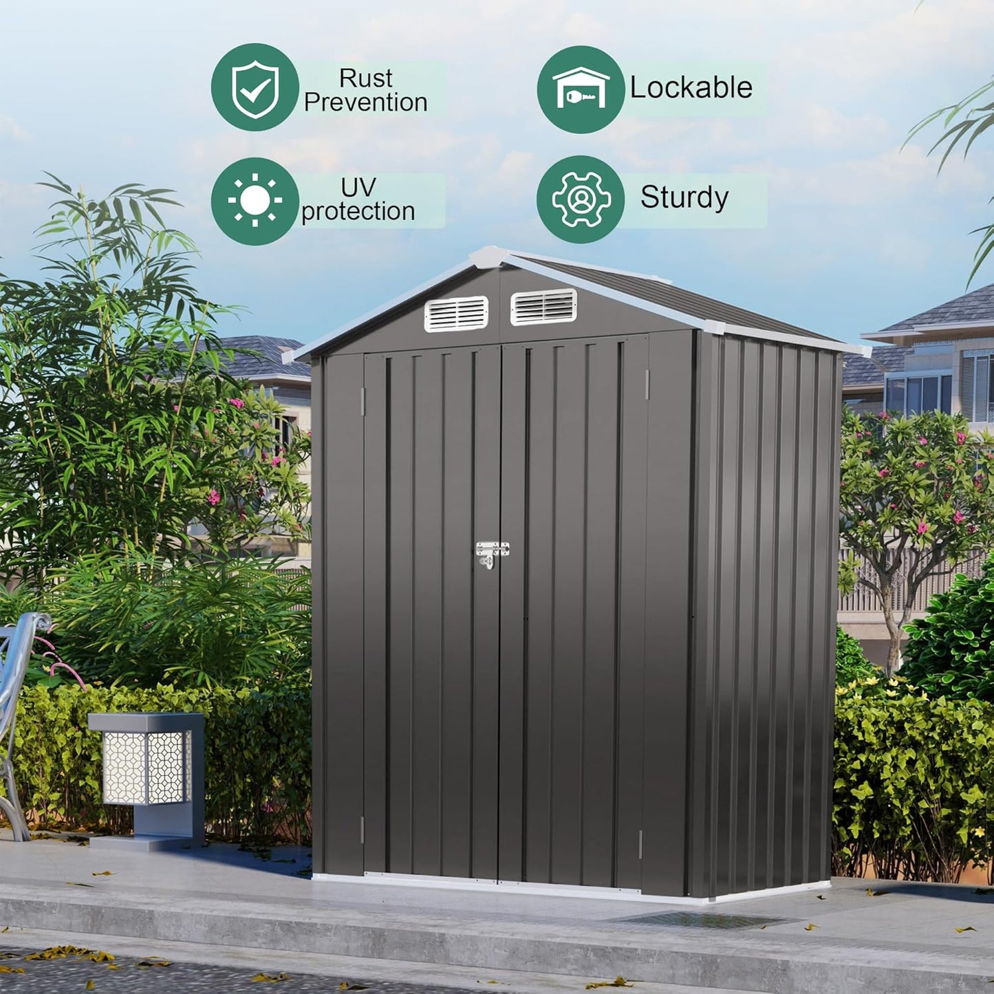 5x3x6FT Outdoor Storage Shed, Galvanized Steel Garden Shed with Lockable Door & Window, Waterproof Metal Tool Storage for Garden, Backyard, Patio, Lawn(Peak Roof)
