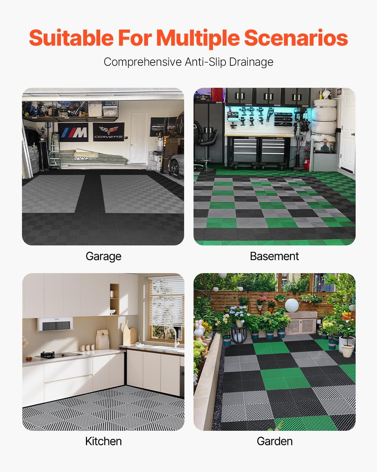 VEVOR Interlocking Drainage Mat, 15.7” x 15.7” Modular Interlocking Cushion, 24 Pcs Splicing Drainage Mats, Non-Slip Gray PP Drainage Floor Tile and Shower Mat, for Garage, Garden, Kitchen & Outdoor