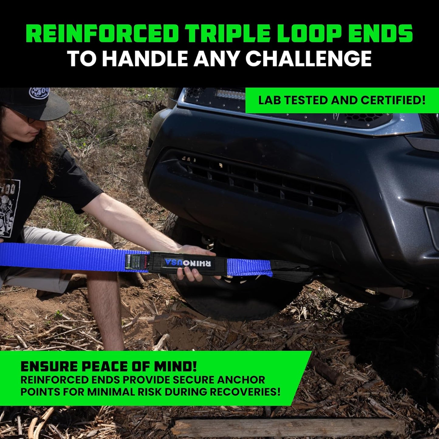 Rhino USA Recovery Tow Strap (3"x20') - 31,518lb Break Strength- Emergency Recovery Strap Tow Rope for Truck, UTV, ATV & More - Heavy Duty Towing Strap for Offroad 4x4 Use- Compatible with Jeep (Blue)