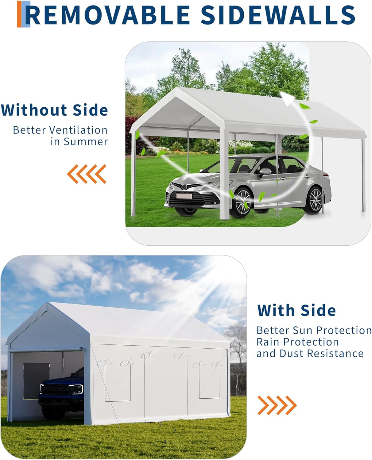 10 x 20FT Heavy Duty Carport with Roll-Up Windows, Portable Garage with Removable Sidewalls & Doors, Portable Car Tent Garage with Roll-Up Windows and All-Season Tarp, for Car, Truck,
