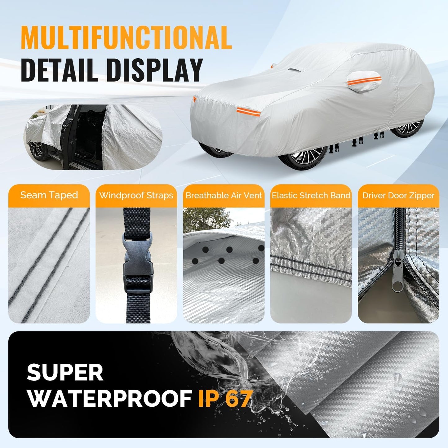 30 Layers SUV Car Cover for Automobiles All Weather Waterproof, Outdoor Snowproof UV Protection Windproof, Door Zipper, Soft Cotton, Heavy Duty Universal Car Covers, (Silver, Fit SUV 181"-190")