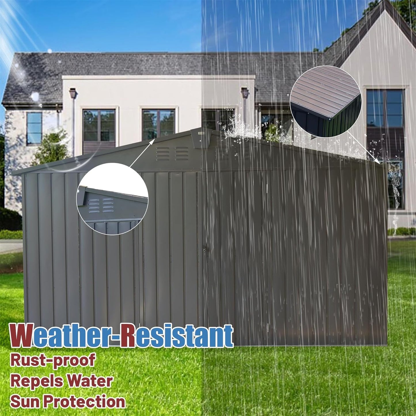 IKERY Large Galvanized Steel Storage Shed 11' x 9' with Windows & Lockable Door - Outdoor Garden & Utility Tool Shed for Backyard, Patio - Dark Gray