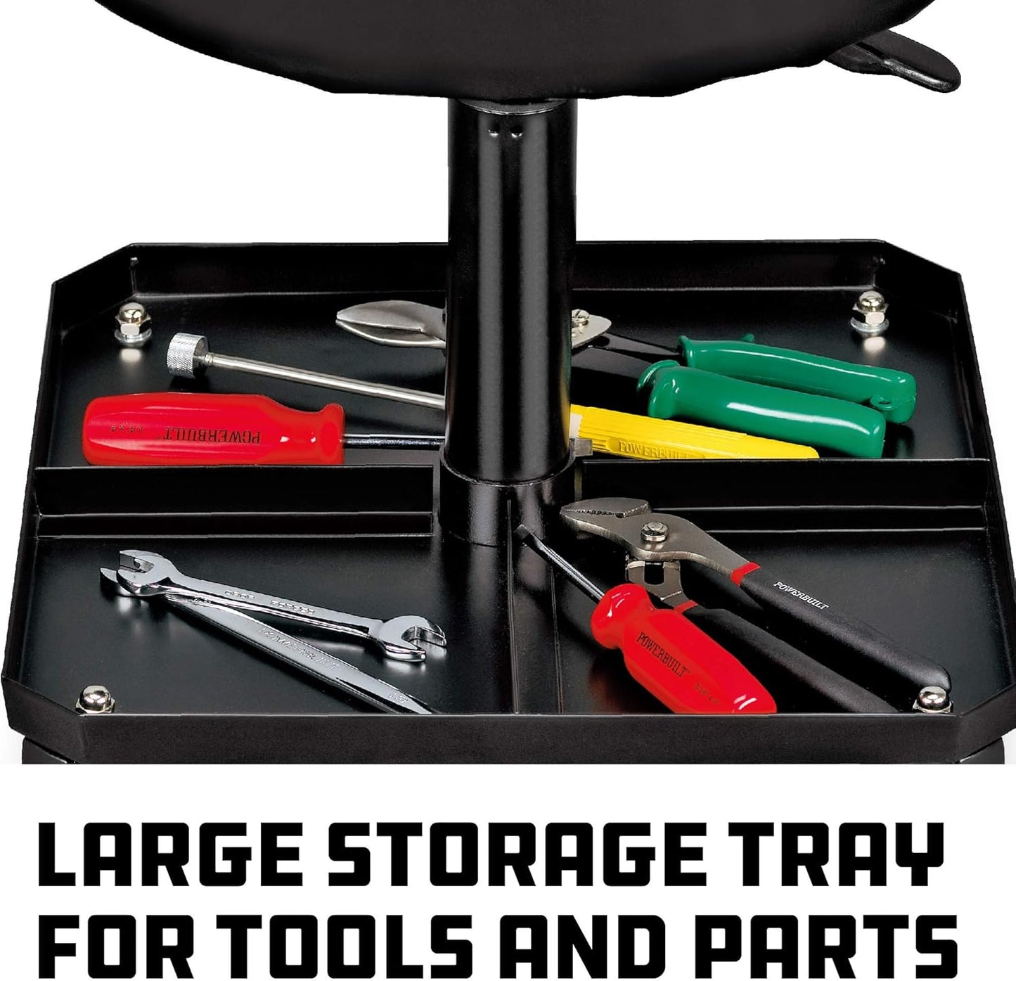 Powerbuilt Rolling Seat, Height-Adjustable Garage Stool with Tool Tray, Smooth and Padded for Car Repair, Detailing, Comfort - 640834, Black