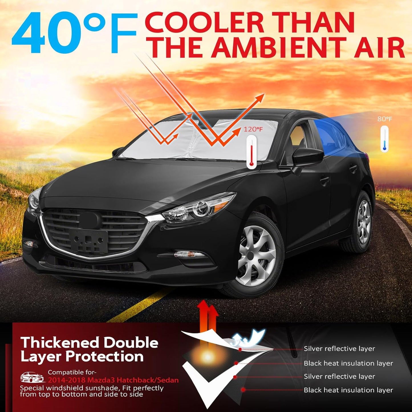 KAYZT Windshield Sun Shade for 2014-2018 Mazda 3 Hatchback Sedan Foldable Sunshade Front Window Custom Fit Car Accessories