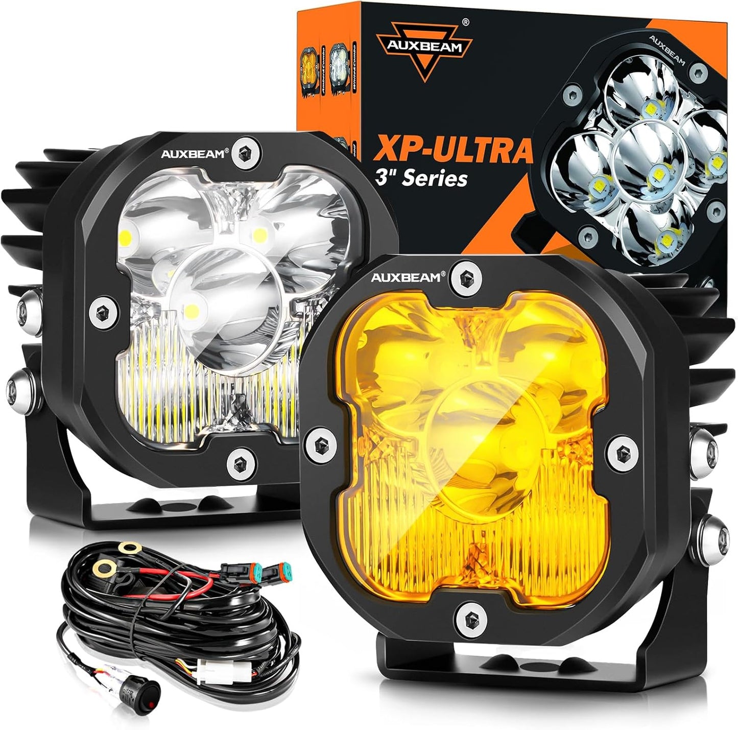 Auxbeam 3 Inch Led Pods Amber Fog White Off Road Driving Light XP-Ultra Series Spot Flood Combo Offroad LED Bar Cube Lights 80W Auxiliary Ditch Lights with White/Amber Light Covers, Pair