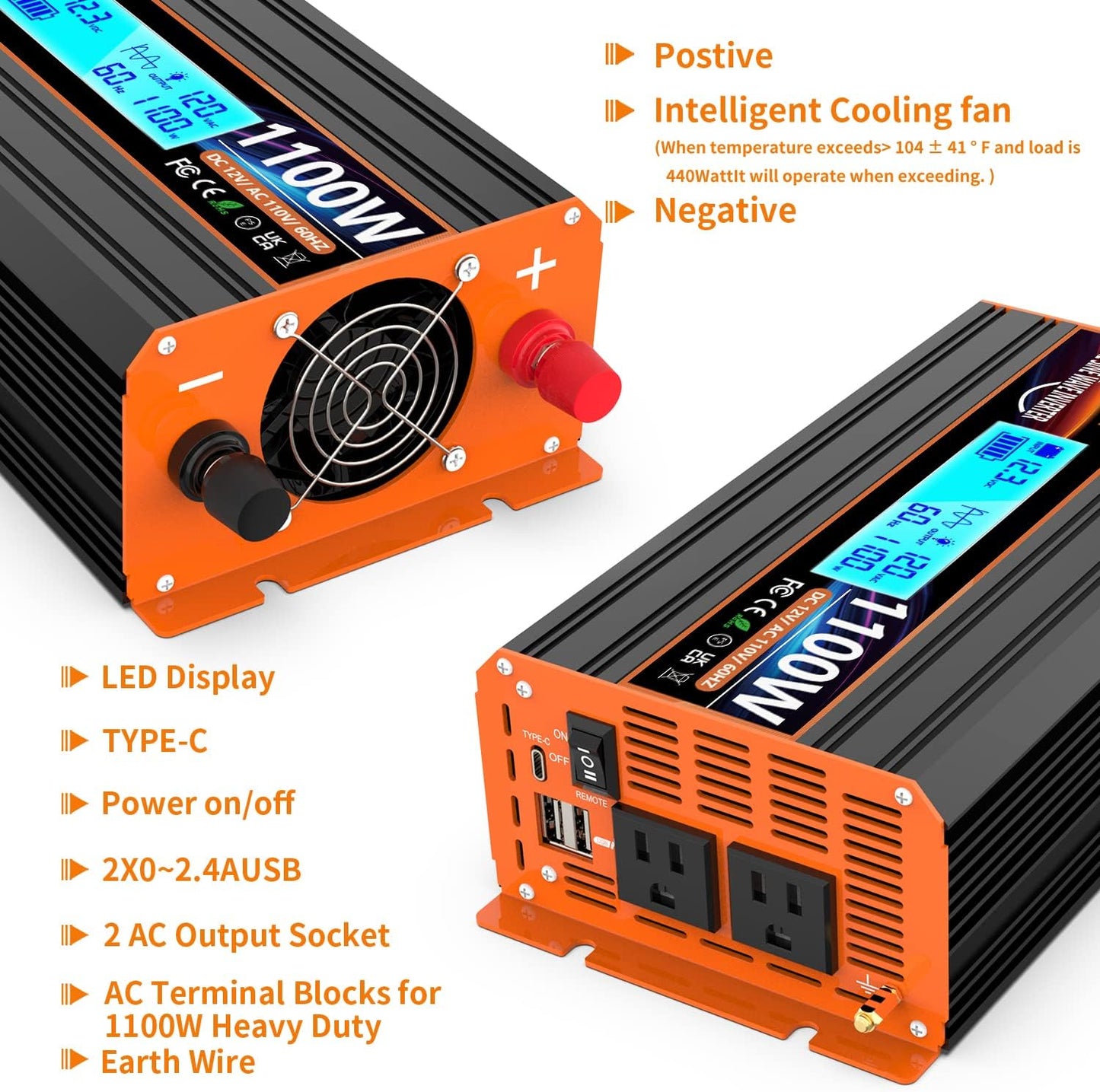 1100 Watt Pure Sine Wave Power Inverter 12V DC to 110V 120V Converter for Family RV Off Grid Solar System Car with Type-C Ports 2 AC Power Outlets Dual USB Ports LCD Display Wireless Remote Control…