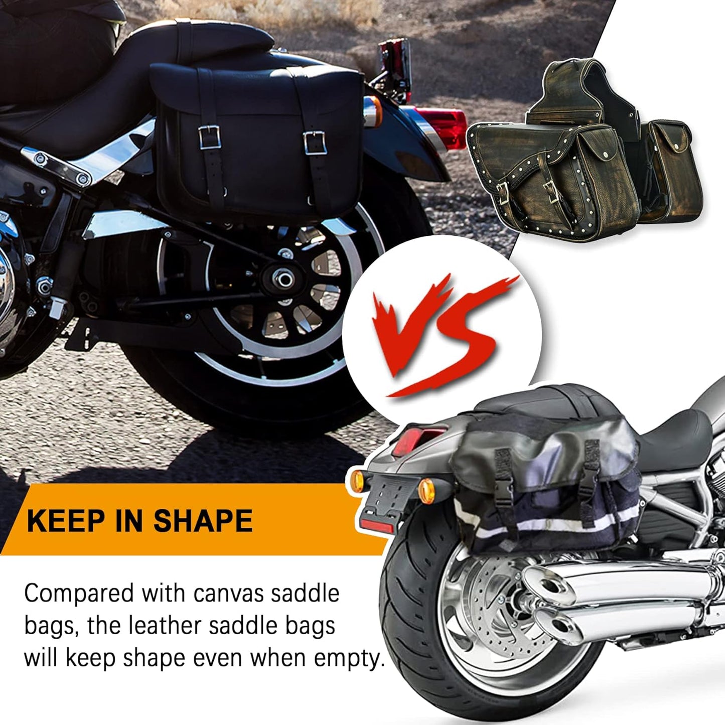 Dream Apparel Naked Cowhide Leather Motorcycle Saddle Bags Studded Throw Over Saddlebags, Motorcycle Side Bags for Honda Shadow Sportster Softail Dyna V-star (Distressed Brown, With Studs)