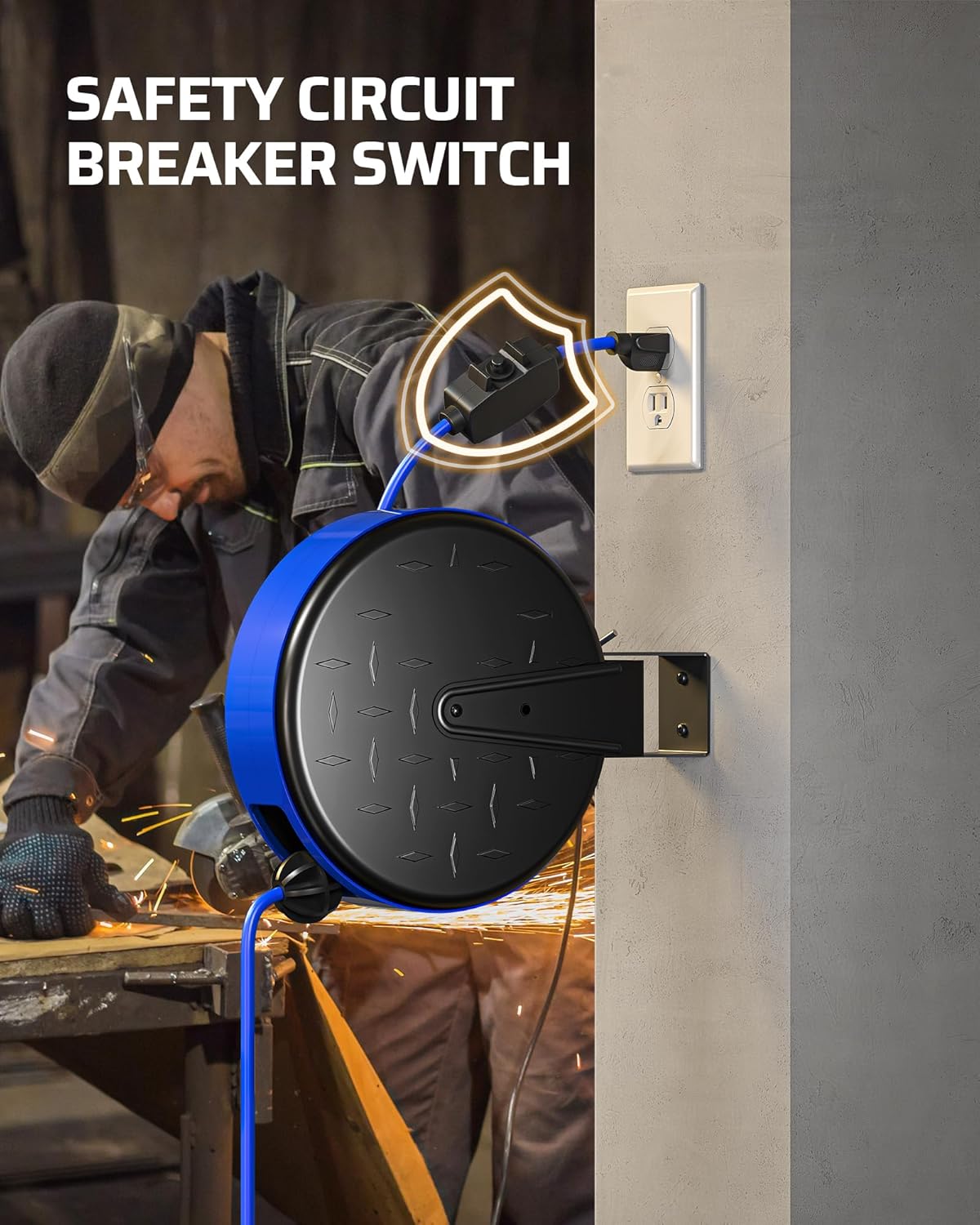 DEWENWILS 30FT Extension Cord Reel, 16/3 Gauge SJTW Power Cord, Retractable Cord Reel with 3 Outlets, Ceiling/Wall Mount for Garage, Workshop, 10A Circuit Breaker, Metal Plate, UL Listed, Blue