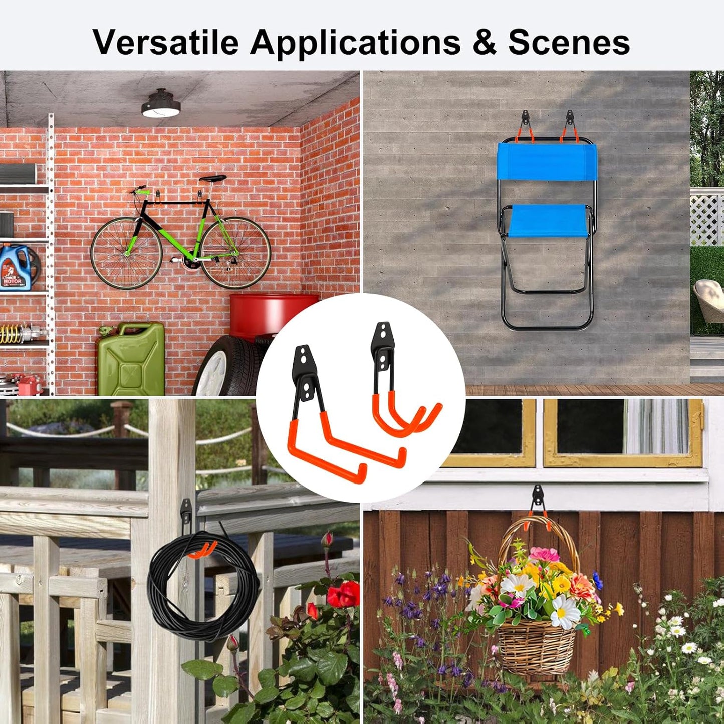 Steel Garage Hooks Wall Tool Organizer, 8 Pack Garage Storage Hook Heavy Duty Utility Storage Hangers Orange for Ladders, Ropes, Garden Tools