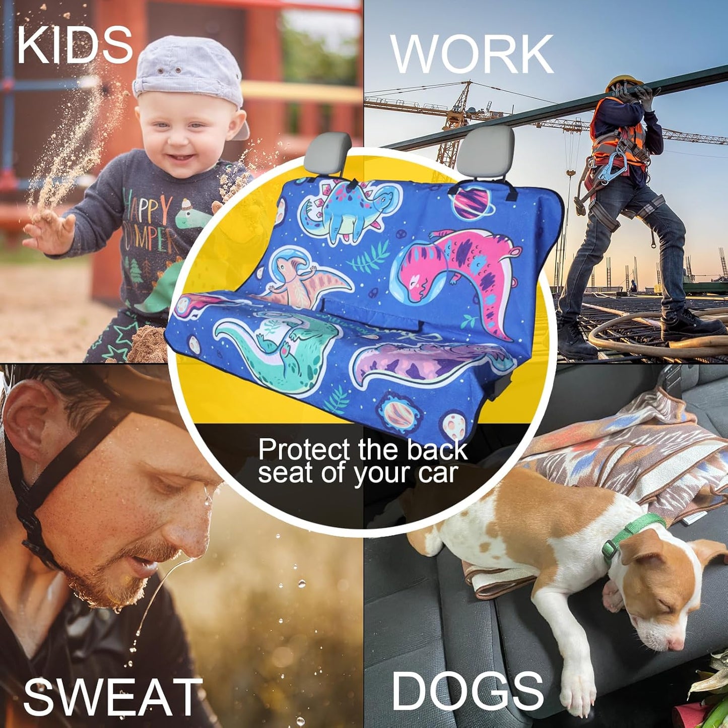 Back Seat Cover for Car Trucks Van SUV,Waterproof Rear Bench Towel Seat Covers for Dogs and Kids,Automotive Backseat Protector (Cartoon Dinosaur)