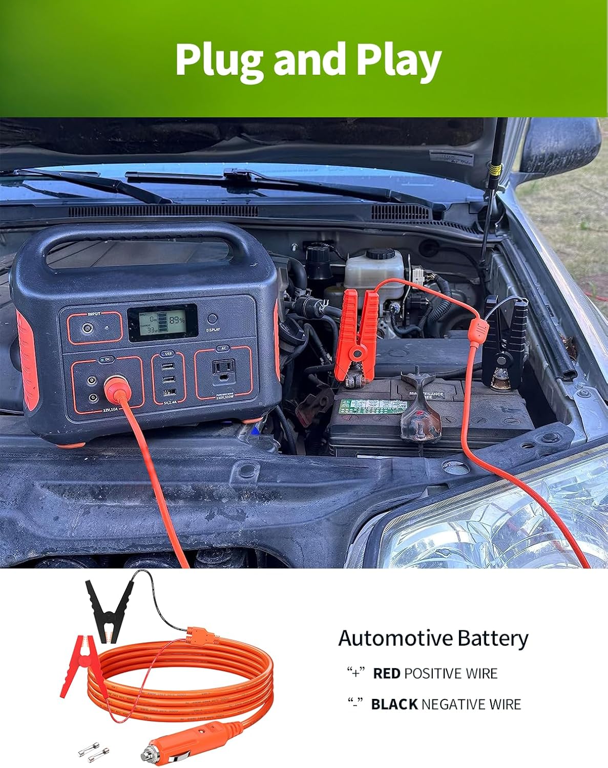 12V Car Battery Charger Cable, 6.6FT 14AWG Cigarette Lighter Plug to Alligator Battery Clips Connector, Automobile Lead-Acid Battery Charging Cable 15A Fuse for Jackery Solar Generators Power Station