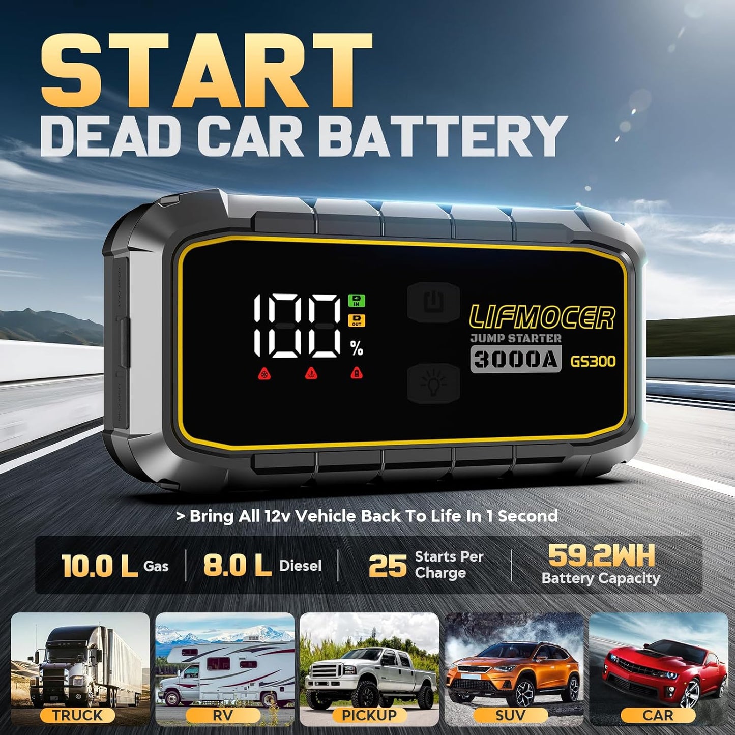 GS300 Jump Starter - 3000A Car Battery Jump Starter for Up to 10.0L Gas and 8.0L Diesel Engines, 12V Portable Jump Box with Storage Case USB Quick Charge, and LCD Display