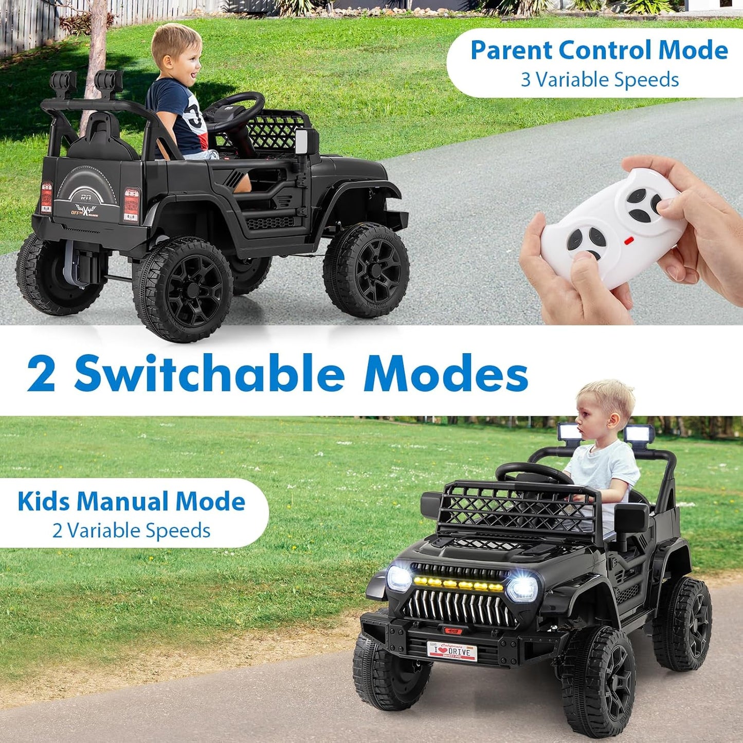 Costzon Kids Ride On Truck, 12V Battery Powered Electric Vehicles w/Remote Control, Spring Suspensions, 3 Speeds, Music, Lights, Wireless Connection, Ride on Car for Boys & Girls 3+ (Black)