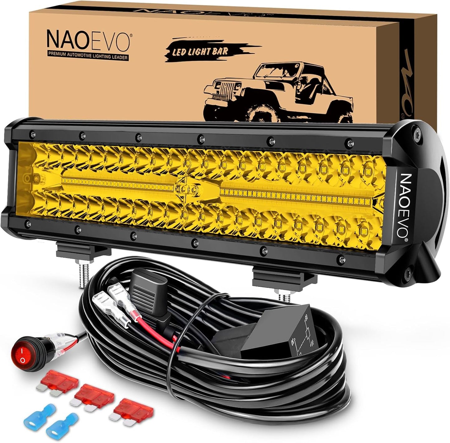 NAOEVO 12 Inch LED Light Bar, 300W 30000LM LED Offroad/Driving/Fog Lights with Wiring Harness Kit, Spot Flood Work Lights for Truck UTV ATV Golf Cart Boat, 1 Pc (Yellow)