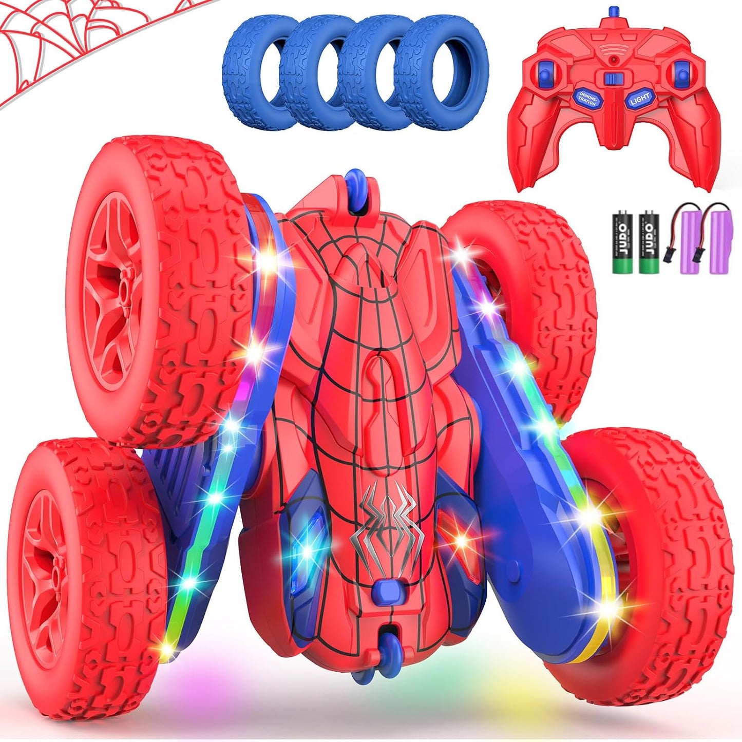 Remote Control Car Spider Rc Cars New Upgraded Strip Lights and Headlights Car Toys Double-Sided 360° Rotating Rc Truck for Boys Girls Birthday Gift (Red)