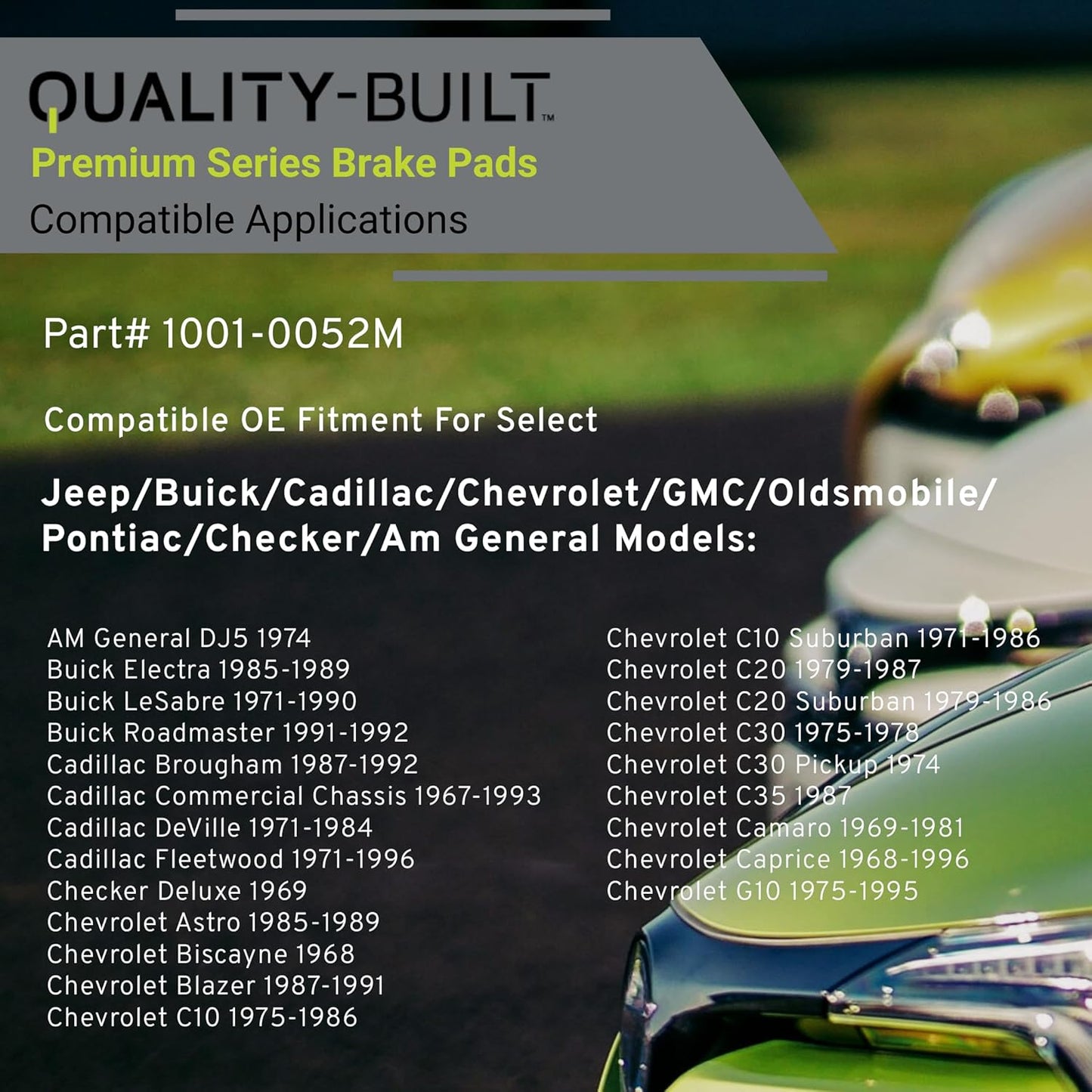 Premium Semi-Metallic Front Brake Pads (1001-0052M) Compatible with 1967-2002 Buick/Cadillac/Chevrolet/GMC/Jeep/Oldsmobile/Pontiac (C10/C1500/C20/C2500/C30 Pickup/C35/Camaro & More)