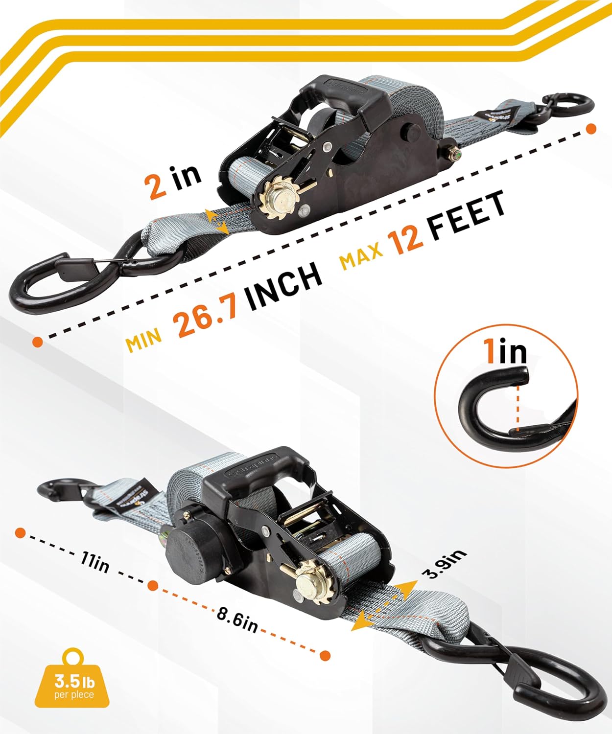 Strapinno Retractable Ratchet Tie-Down Straps,5,000 lbs Breaking Strength- 2 in x 12 ft Heavy Duty Ratchet Strap with Safety Lock S Hooks for Motorcycles, ATVs, UTVs, Lawn Equipment & Cargo (Gray)