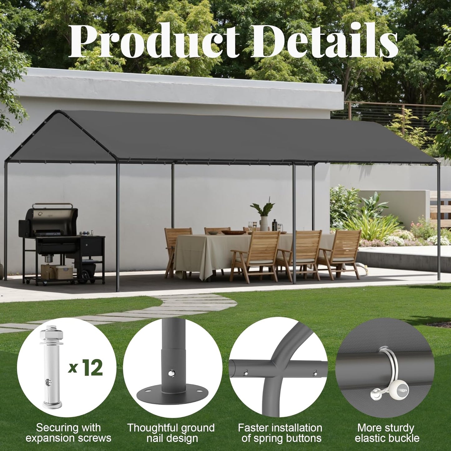 Carport, 10‘ x 20’ Heavy Duty Portable Garage All-Season Car Canopy w/Removable Sidewall & Doors, Carport Canopy Party Tent w/Water-Resistant Tarp for Backyard (Grey, 10' x 20' /no Side)