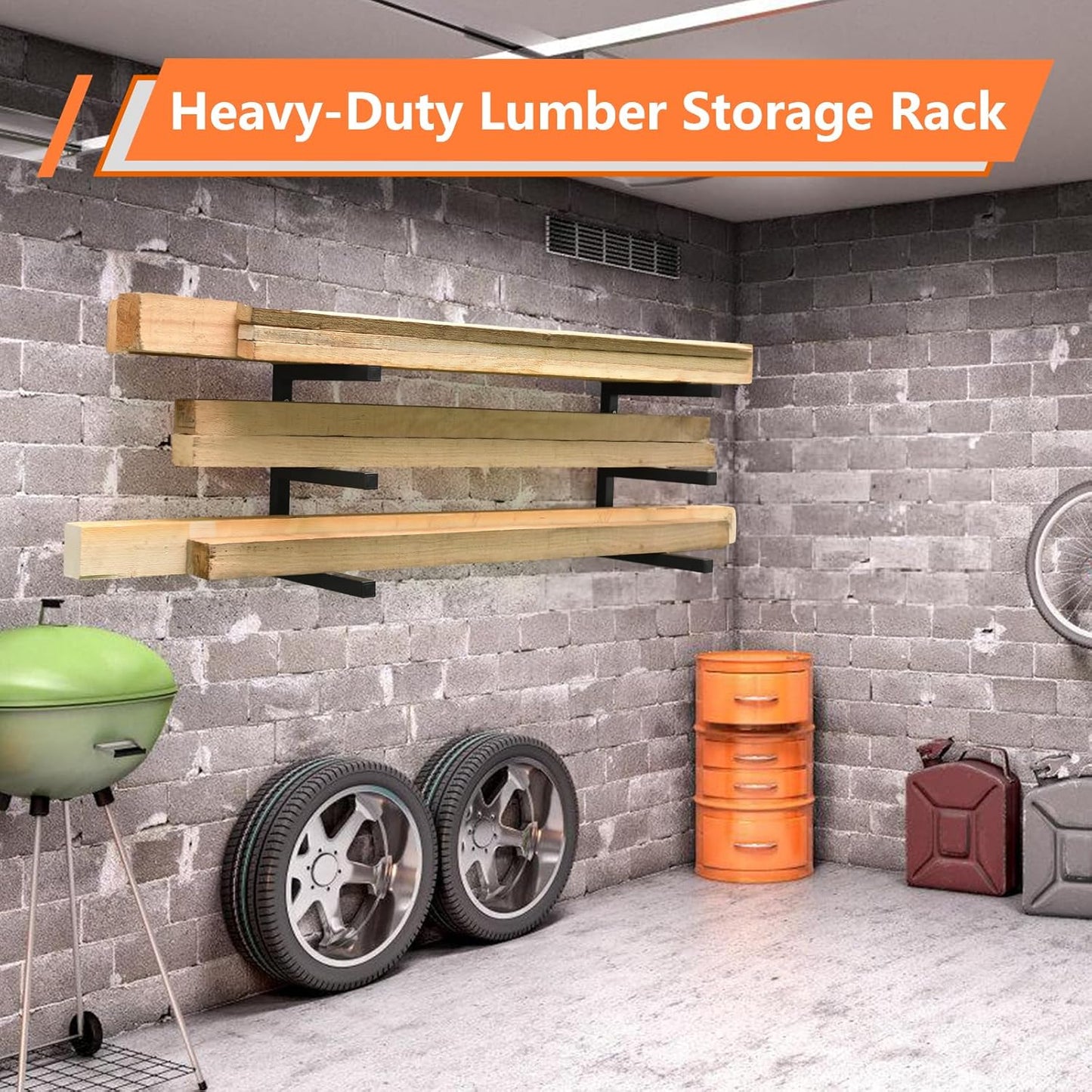 4 Pack Wood Organizer and Lumber Storage Rack Wall Mount, Heavy Duty Wood Storage Organizer Racks with 3-Level System for Garage, Workshop, Basement, Holds Up 220 LBS Per Level (Black)