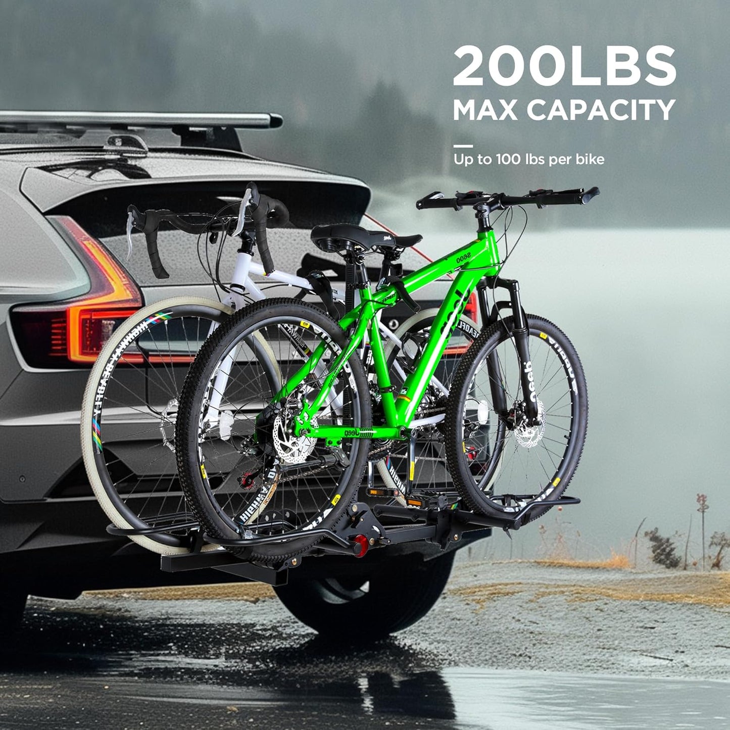 POLESTAR Hitch Mounted 2-Bike Rack, 200lbs Capacity Bike Rack Hitch with Lock, 2" Receiver Foldable Platform Mount for E-Bike, Up to 5" Fat Tire Bicycle and Standard, fit Car Trucks SUVs RVs Trailer