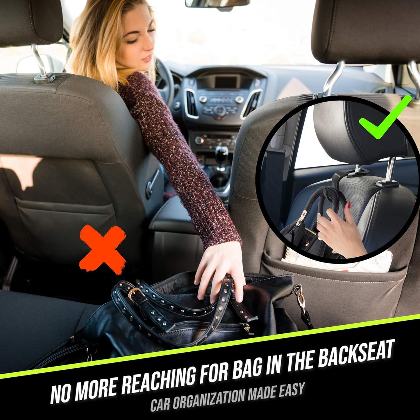 Car Hooks – Durable Headrest Hooks for Car | Car Purse Hook Holds Bags, Groceries & Essentials | Purse Hooks for Car That Don't Slip | Must-Have Car Hanging Accessories – 4-Pack, Easy Install