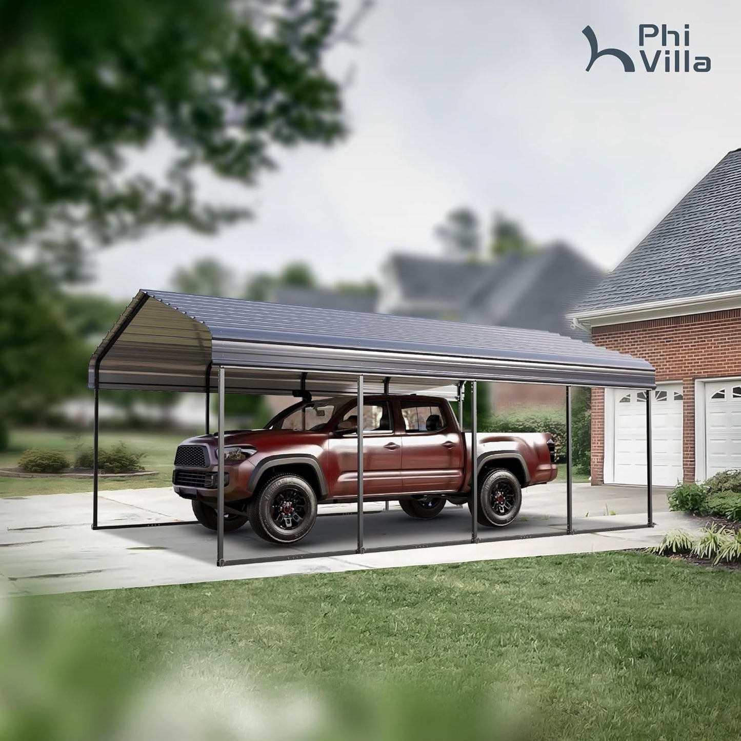 PHI VILLA 12 x 20 ft Carport Metal Carports with Galvanized Steel Roof, Sturdy Heavy Duty Metal Carport for Cars, Boats, and Tractors