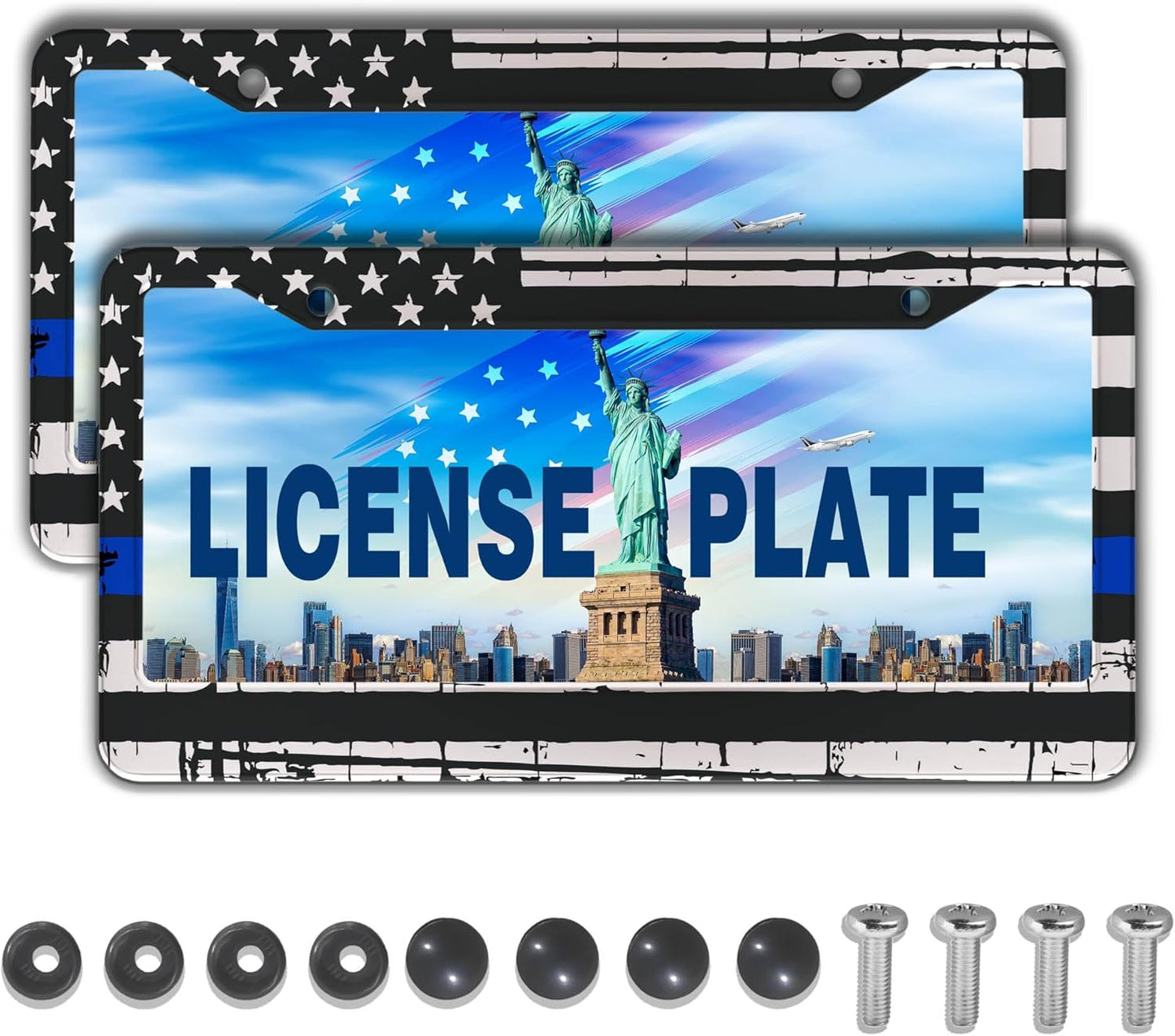 License Plate Frames Black, White, and Blue License Plate Frame American Flag USA Flags Universal Aluminum Car Accessory 2 Pack with Screw Covers Set