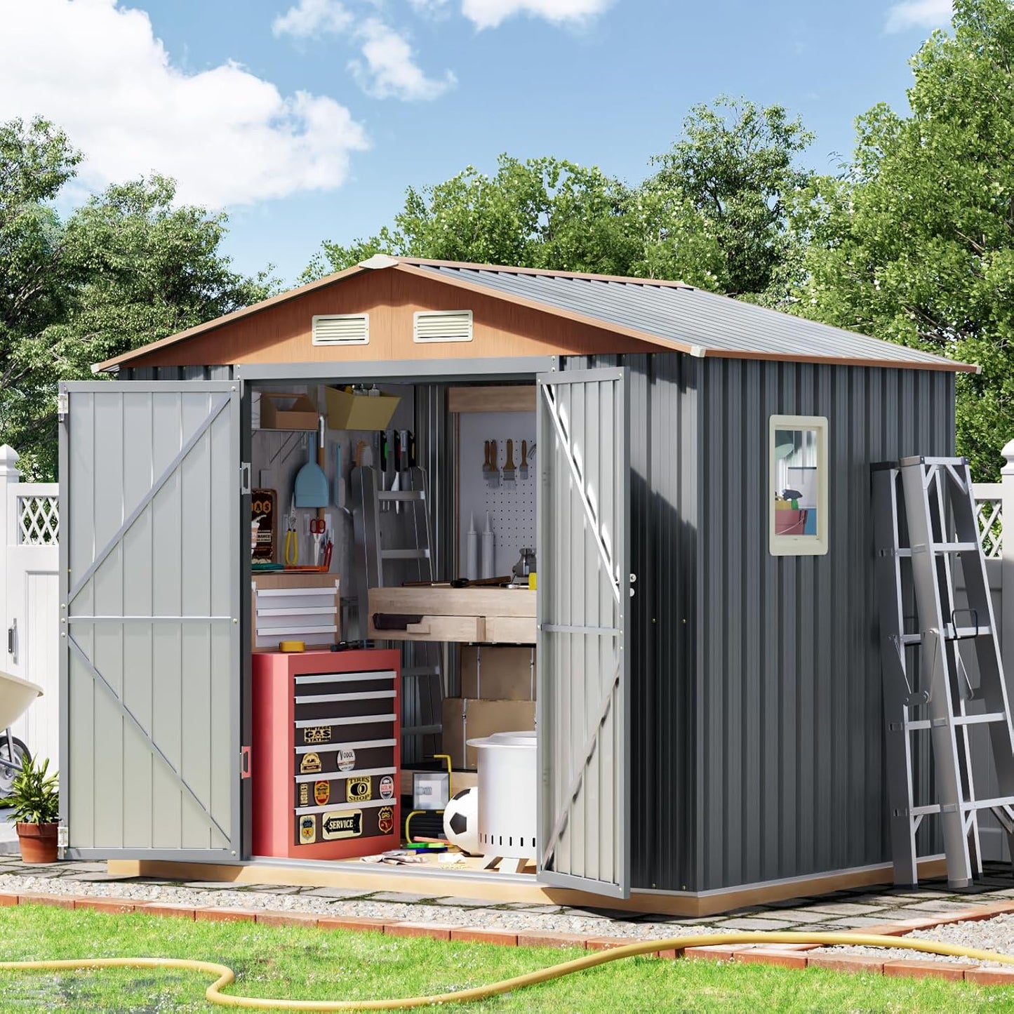 6x8FT Metal Shed & Outdoor Storage Shed with Floor Frame,Steel Tool Multi-Used Shed with Vents,Lockable Doors,Window,Compact Tool Shed for Backyard, Patio, Lawn and Garden Various Storage(Matte Gray)