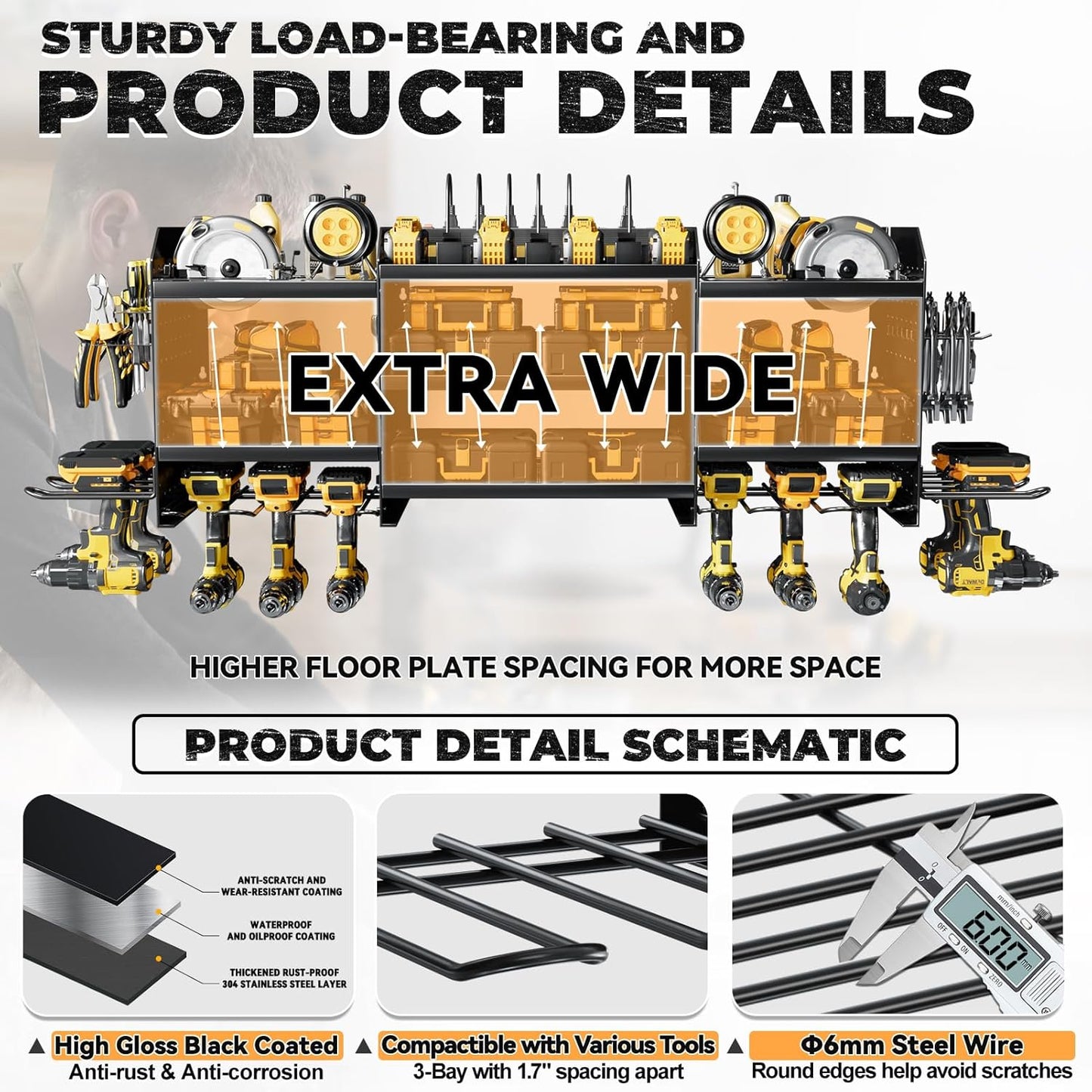 Upgrade Large Power Tool Organizer Wall Mount with Charging Station Tool Storage Rack with 6.5FT Power Strip 10 Drill Holder and Storage Rack for Garage Organization