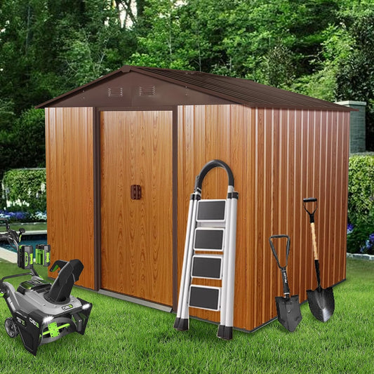 6x8 FT Outdoor Storage Shed, Metal Garden Shed with Frame Floor, Outside Tool Shed with Lockable Sliding Doors, Waterproof Storage Building with Sloped Roof for Backyard, Patio, Lawn, Coffee
