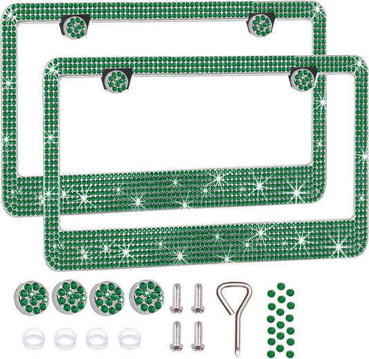2 Pack License Plate Frames for Women, Sparkly Rhinestone Diamond Car Accessories with Glitter Crystal Caps (Green(2PCS))