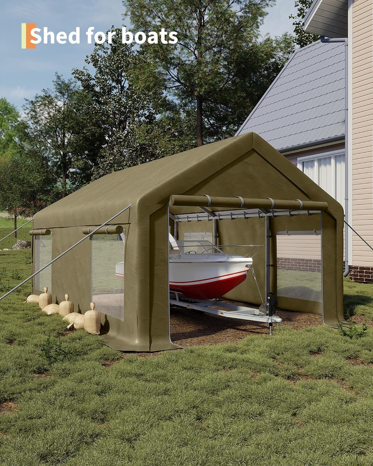 13 x 20FT Heavy Duty Carport with Roll-Up Windows, Portable Garage with Removable Sidewalls & Doors, Portable Car Tent Garage with Roll-Up Windows and All-Season Tarp, for Car, Truck,