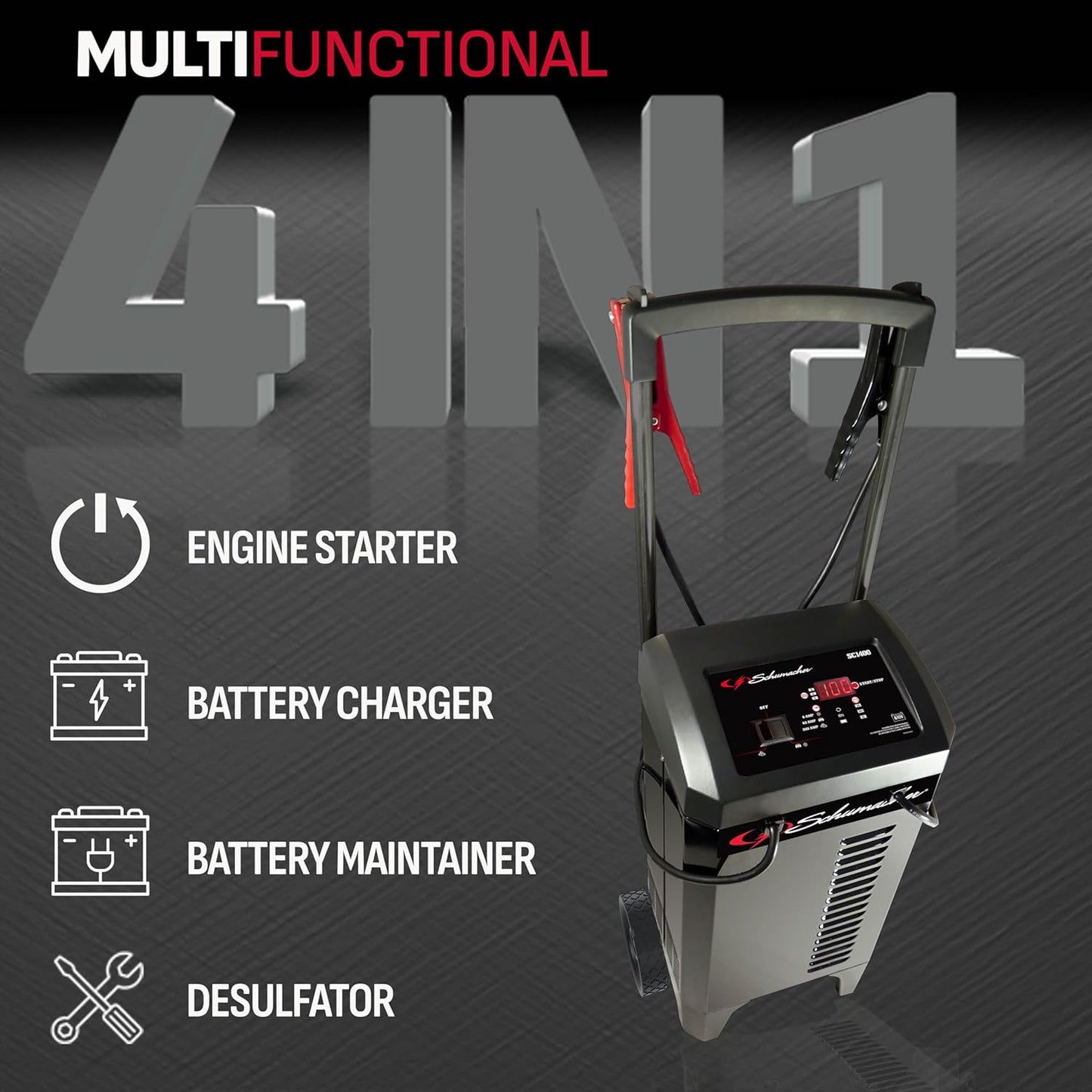 Schumacher Electric Wheeled Battery Charger and Engine Starter, SC1400, 4-in-1, Fully Automatic, 300 Cranking Amps, 60 Amp Boost Mode, 6 Volt, 12 Volt, for Car, Truck, SUV, and Marine Batteries