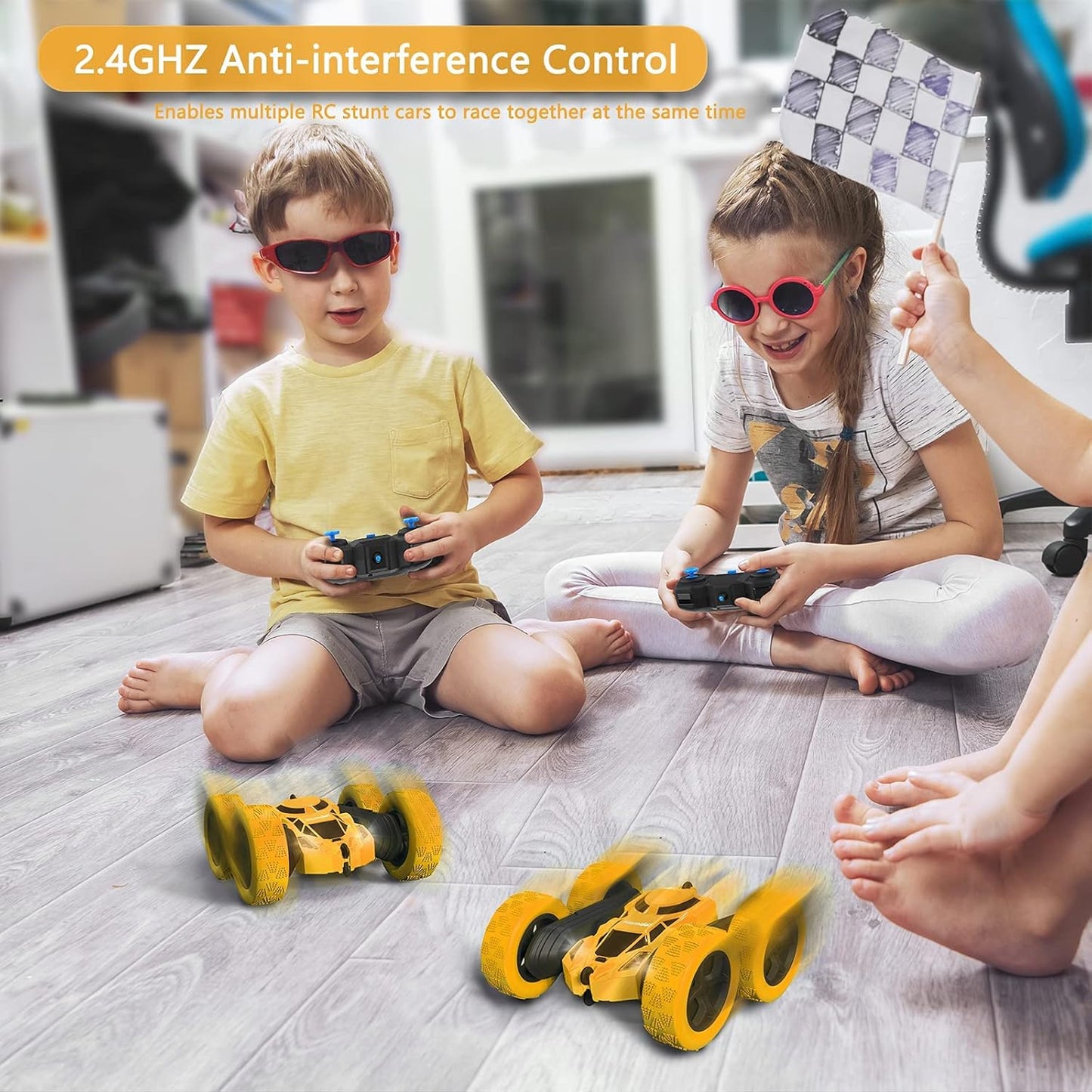 Remote Control Car Double Sided 360°Rotating 4WD RC Cars with Headlights 2.4GHz Electric Race Stunt Toy Car Rechargeable Toy Cars for Boys Girls Birthday (Yellow)