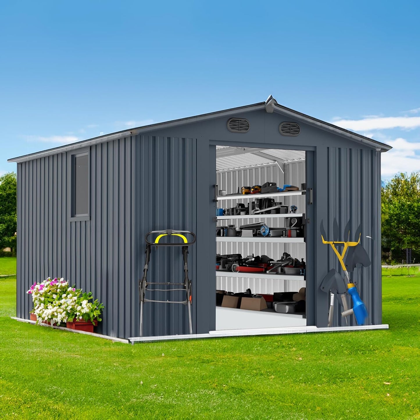 LANTRO JS 10x8FT Metal Outdoor Storage Shed, Garden Tool Shed Without Floor, Garage Shed with Window and Lockable Doors, for Garden Bike Lawnmower