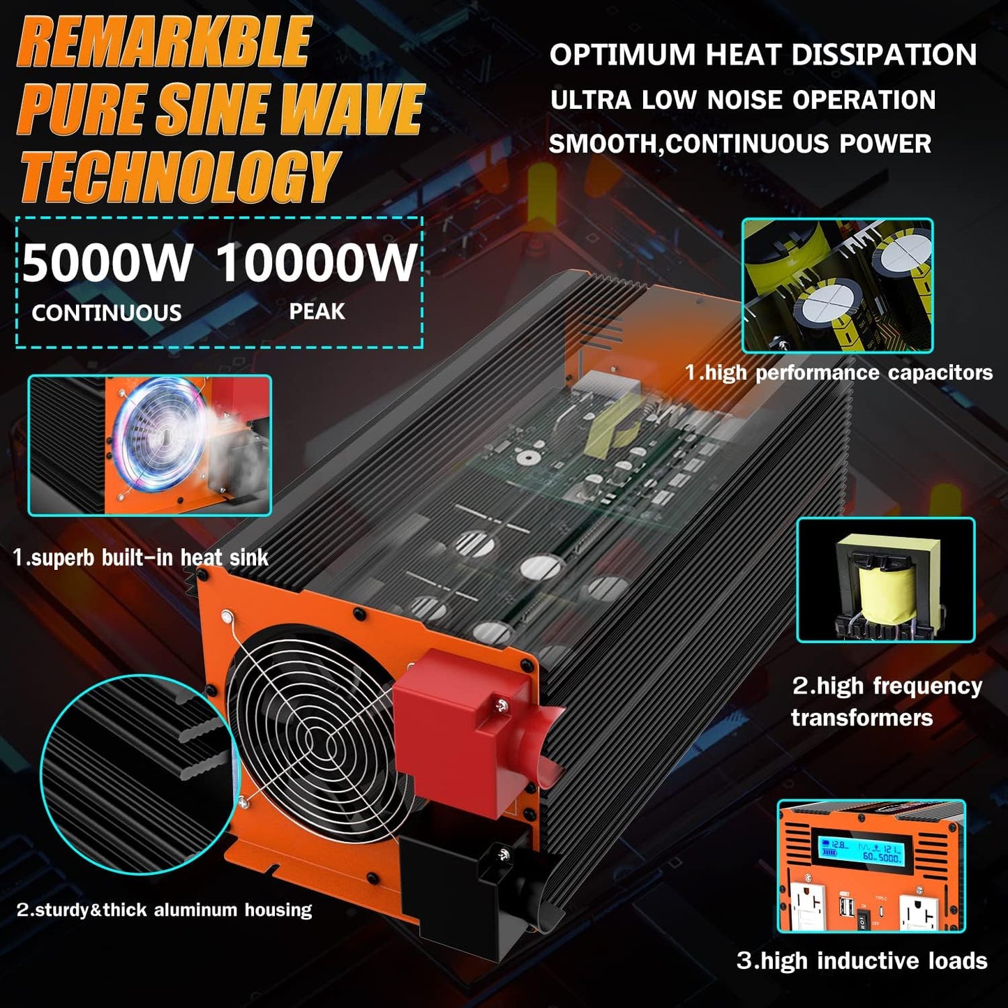 5000W Pure Sine Wave Power Inverter 12V DC to 110V 120V Converter for Family RV Off Grid Solar System Emergency Power Supply, Type-C Port 4 GFCI AC Outlet Dual USB Remote Control and LCD Display