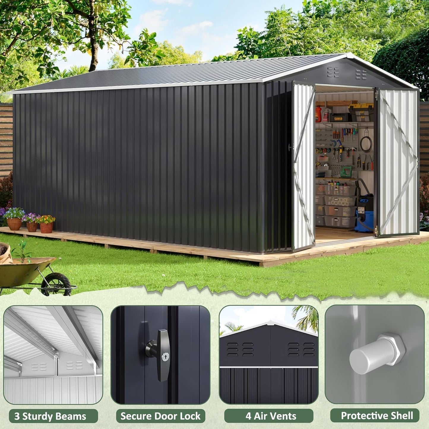 WKM 10x14 FT Outdoor Storage Shed, Utility Metal Tool Storage with Lockable Doors and Updated Frame Structure, Metal Garden Shed for Backyard, Patio Lawn, Black
