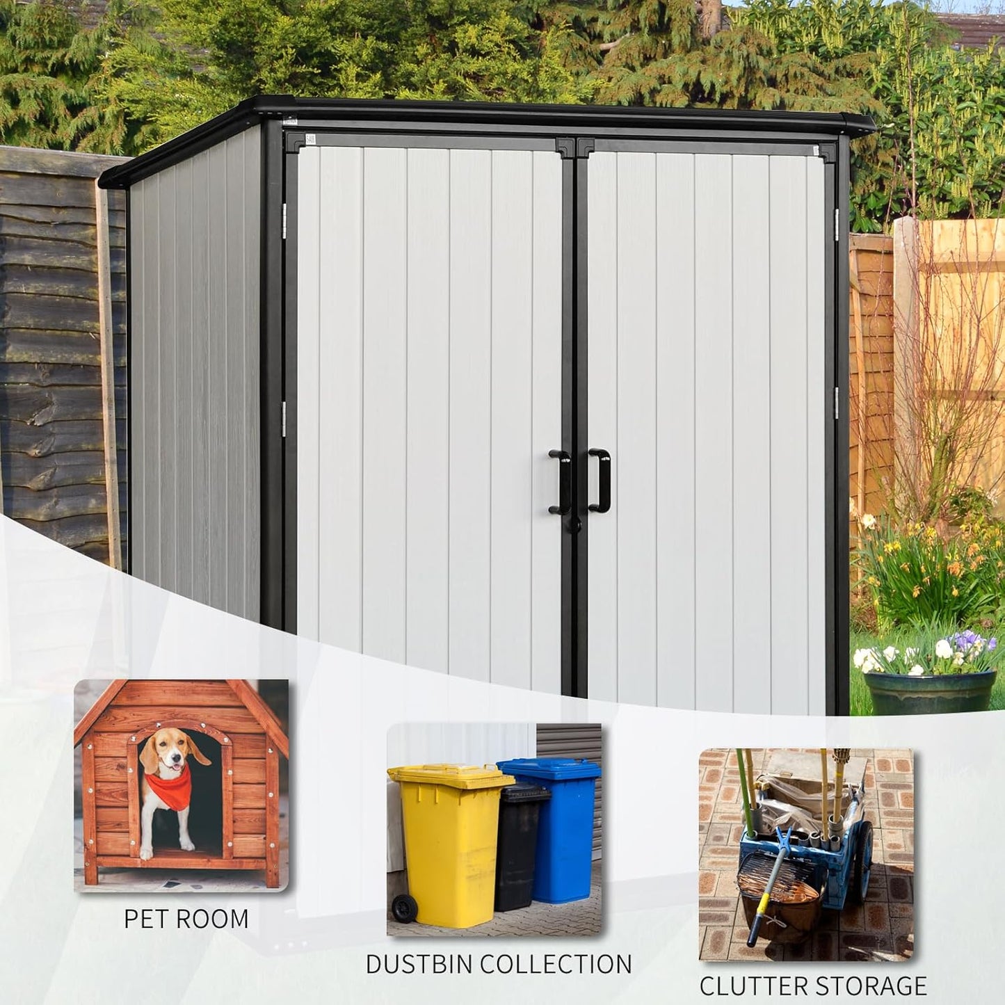 5x3 FT Resin Outdoor Storage Shed with Floor, Waterproof Resin Cabinet with Lockable Doors, Plastic Tool Shed for Patio Furniture, Bikes, Accessories,White+Black