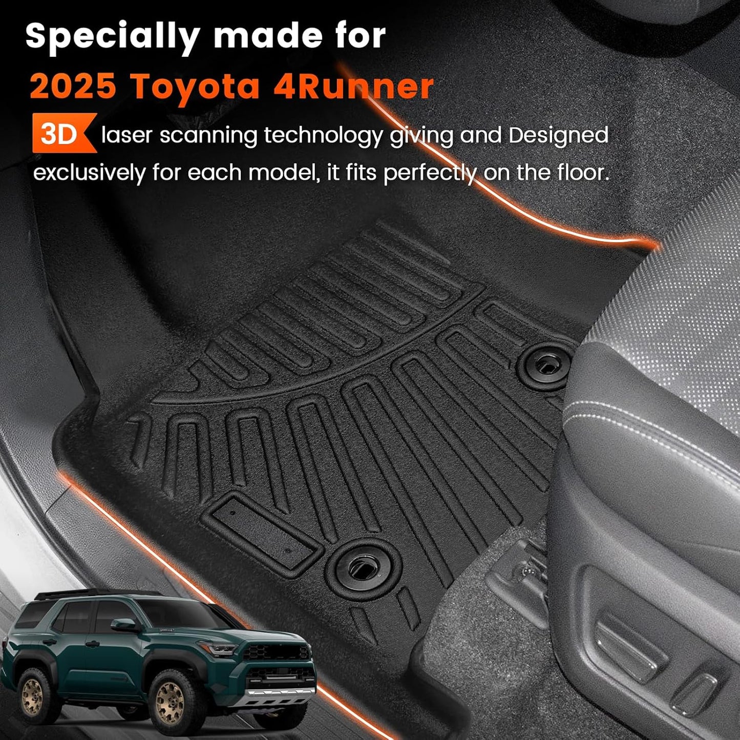KMF Custom Fit Floor Mats for Toyota 4Runner 2025 (NOT for Hybrid) Accessories, 5 Seats All Weather TPE Waterproof Car Floor Liners - Front & Rear 2 Row, Anti-Slip Deep Grooves 4Runner Car Mats