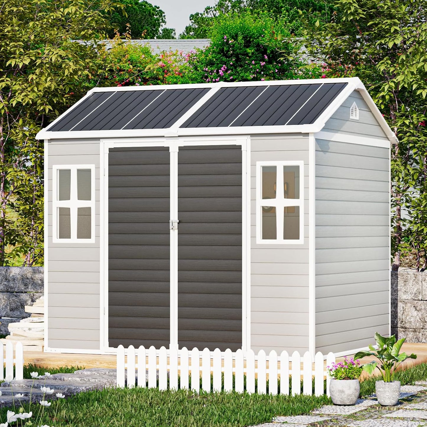 Resin Storage Shed with Floor 8x6x7 FT Outdoor Waterproof Wider Door Plastic Sheds Kit for Backyard Garden Patio Lawn Tools, Gray