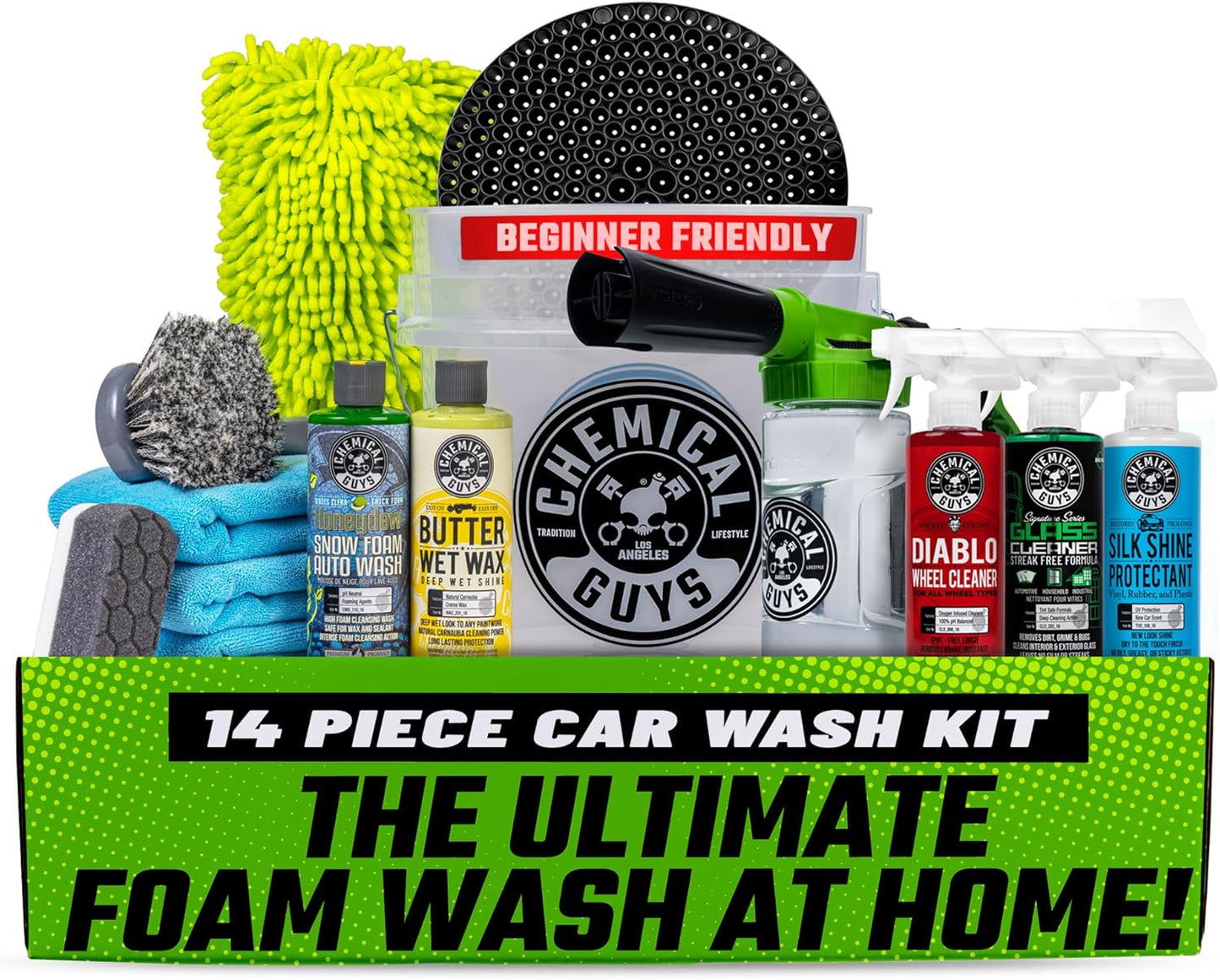 Chemical Guys HOL126 14-Piece Arsenal Builder Car Wash Kit with Foam Gun, Bucket, and (5) 16 oz Car Care Cleaning Chemicals, Gift for Car & Truck Lovers, Dads and DIYers (Works w/Garden Hose)