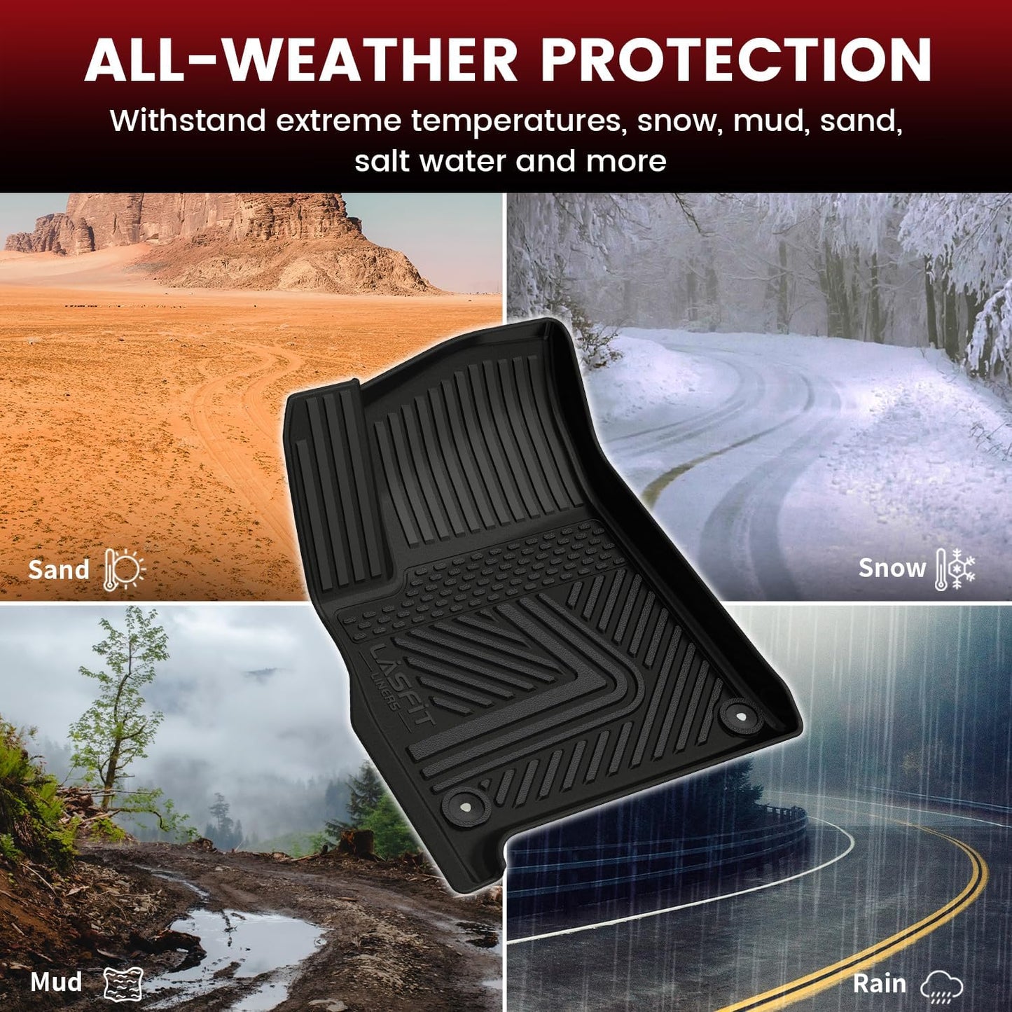 LASFIT Floor Mats for Rivian R1T 2024 2023 2022, All Weather Floor Liner TPE Custom Fit Car Mats for Rivian R1T 1st & 2nd Row Rubber Mats, Black,Tasteless, Durable and Easy to Clean