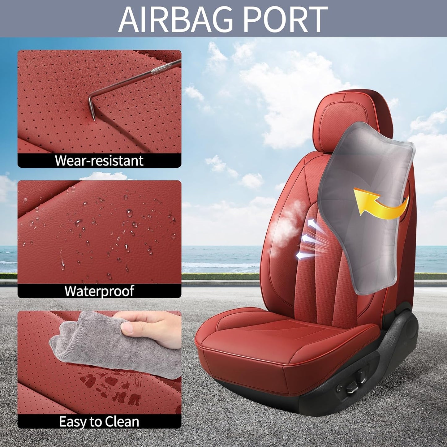 Red Car Seat Covers,Leather Car Seat Covers 2 Front Seats,Waterproof Breathable Full Wrapping Edge Seat Covers, Luxury Automotive Seat Protecor Covers for Most Cars