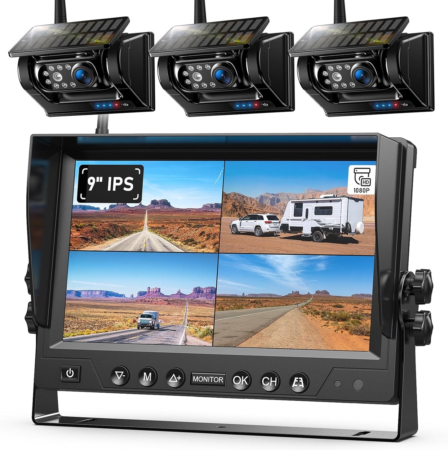 3 Magnetic Solar Wireless Backup Camera System, Quad RV Rearview Backup Cameras Wireless System with HD1080P 9 Inch DVR Monitor for Trailer RV Trucks, Built-in 9600mAh Solar Battery, BL903