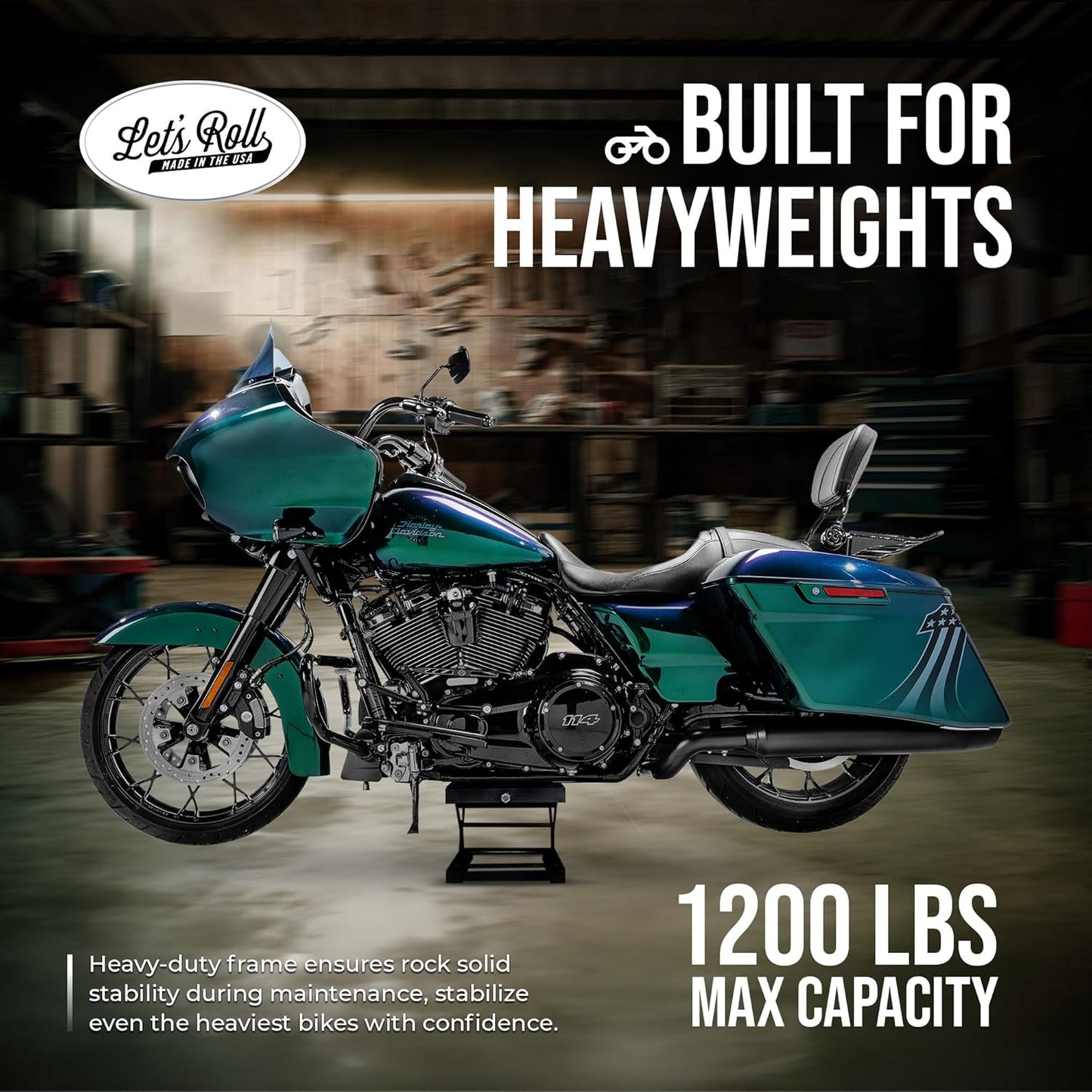 Let's Roll Standard Motorcycle Lift Jack - 1200 LB Heavy Duty Scissor Jack Stands, Scissor Lift Jacks, Motorcycle Accessories, Stable Garage Lifts with Mobility for Maintenance - Made in The USA