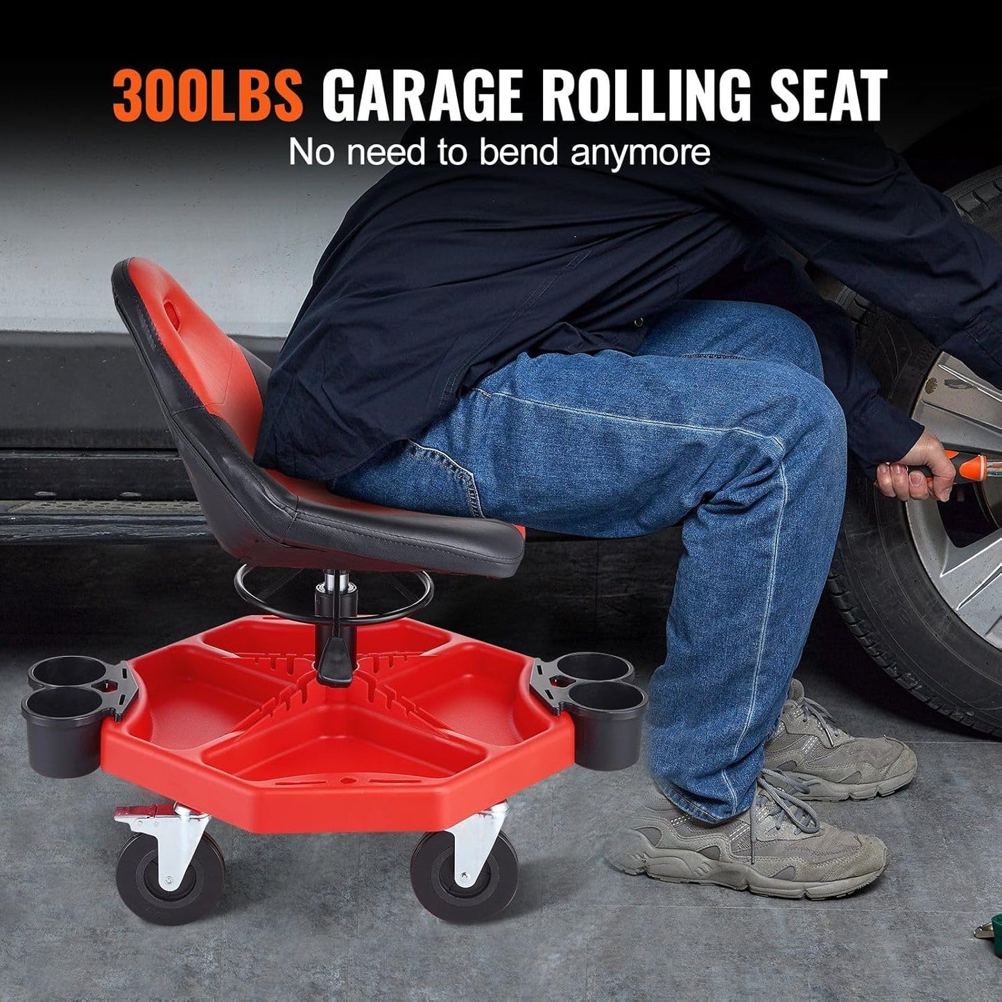 Rolling Garage Stool 300LBS Adjustable Mechanic Work Shop Seat w/Casters