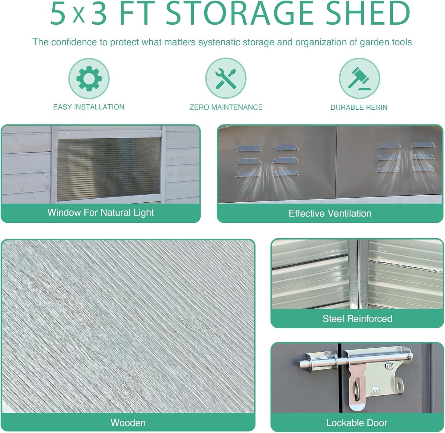 5x3 FT Outdoor Storage Shed with Windows, Wood & Metal Garden Shed, Small Outside Storage Shed Waterproof for Backyard, Garden, Patio, 4 Vents (Without Floor) Gray