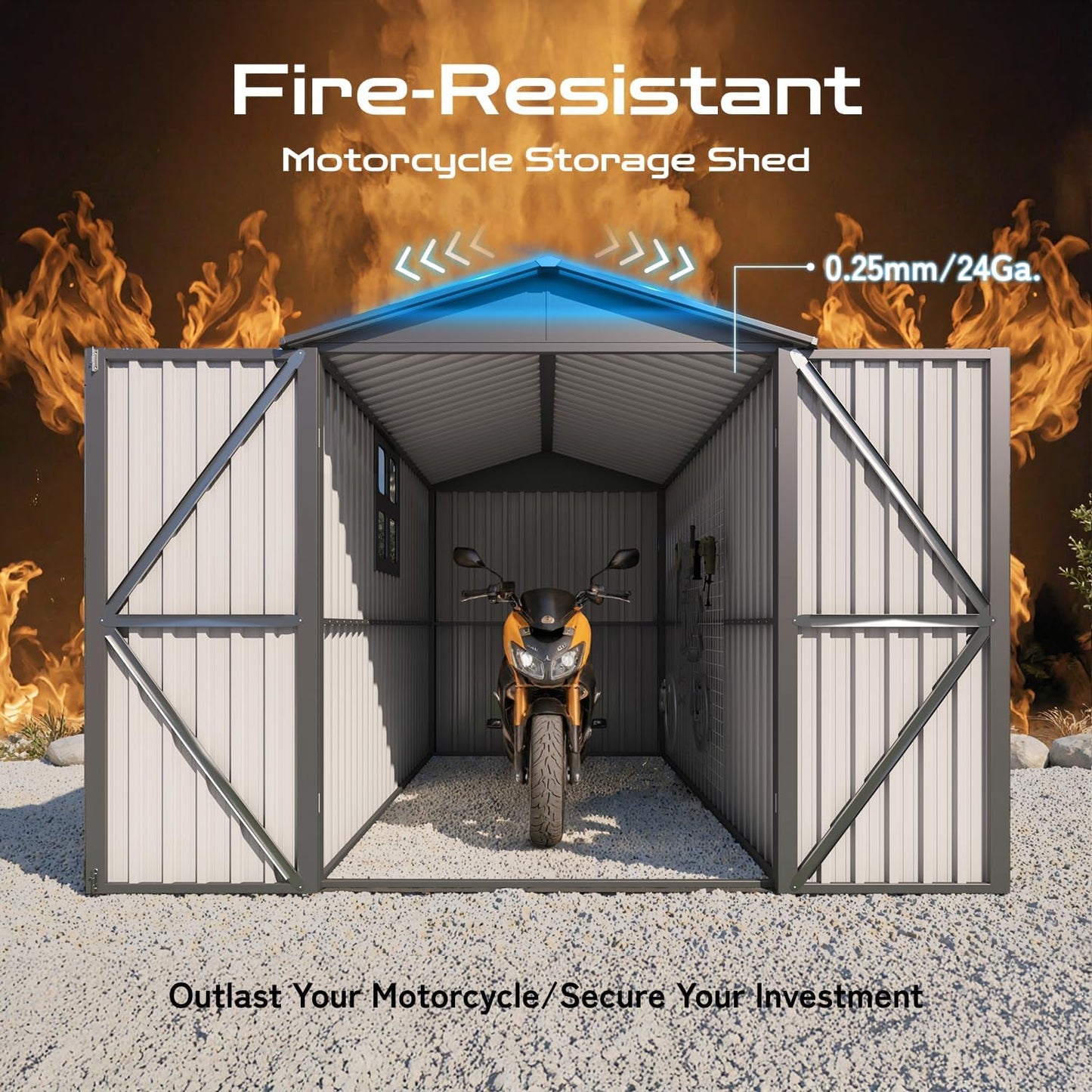 5’ x 10’ Motorcycle Storage Sheds, Metal Shelter & Garage with Windows and Lockable Door Handle, Heavy Duty Vehicle Shed for All Weather, Anthracite