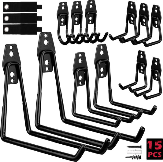 Garage Tool Storage Wall Hook Assortment Set: 15PCS Heavy Duty Large Hanger Garden Tool Organizer Ladder Bike Rack Yard Tool Holder Shed Shovel Metal Screw Organization Bicycle Steel Bracket
