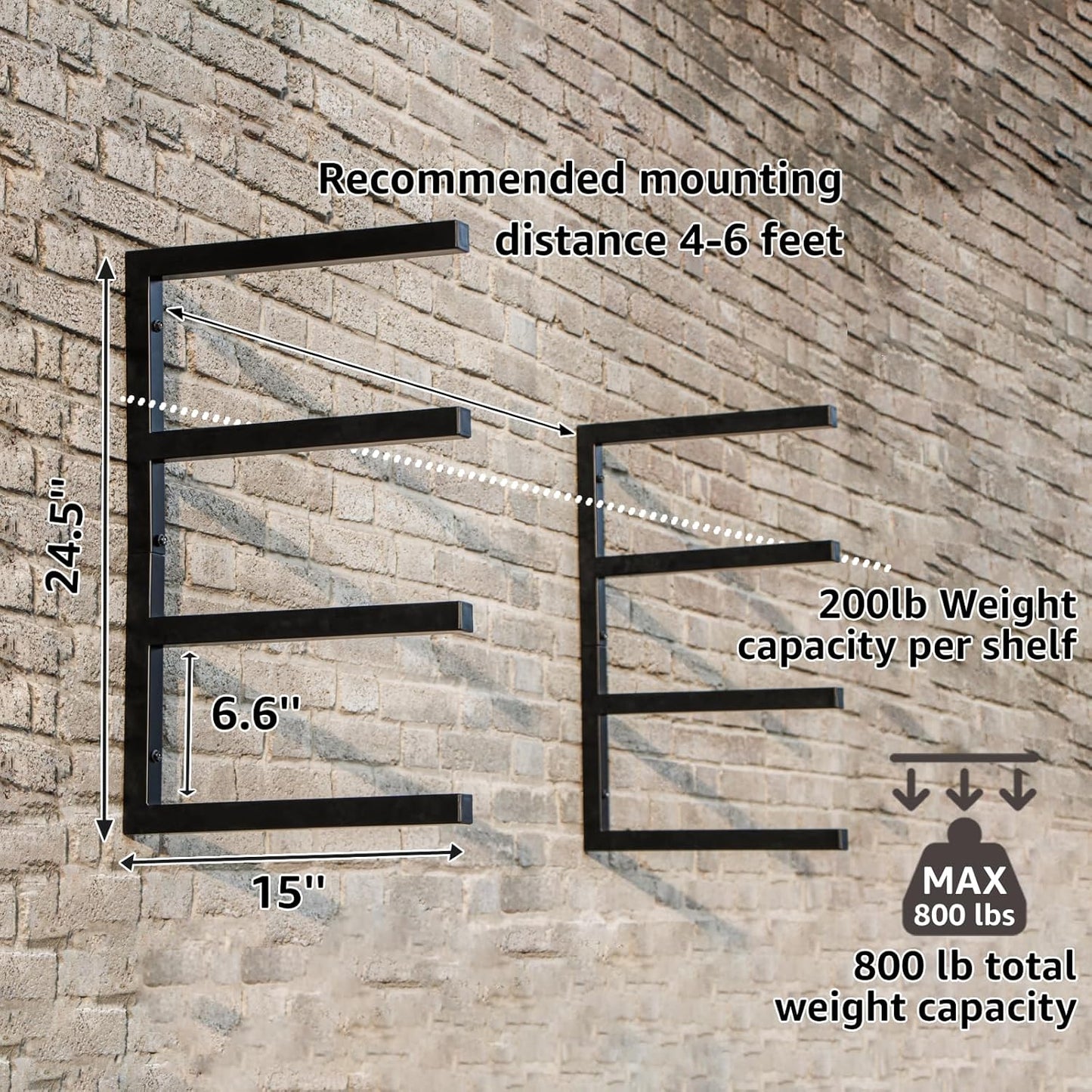 YYR Wood Organizer and Lumber Storage Rack Wall Mount, Heavy Duty Metal Shelf with 4-Level Holds Up 800 LBS, Indoor & Outdoor Use - Black